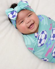 Aqua Soccer Stars Swaddle & Luxe Bow Headband Set