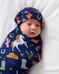 Blue Rancher Roundup Swaddle & Beanie Set